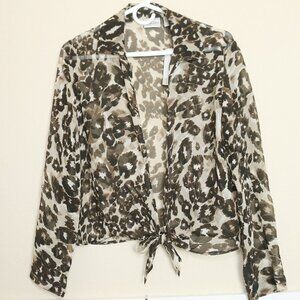 Chicos 100% Silk Cheetah Animal Print Tie Front Open Cardigan Sheer Top Sz 1 Sm